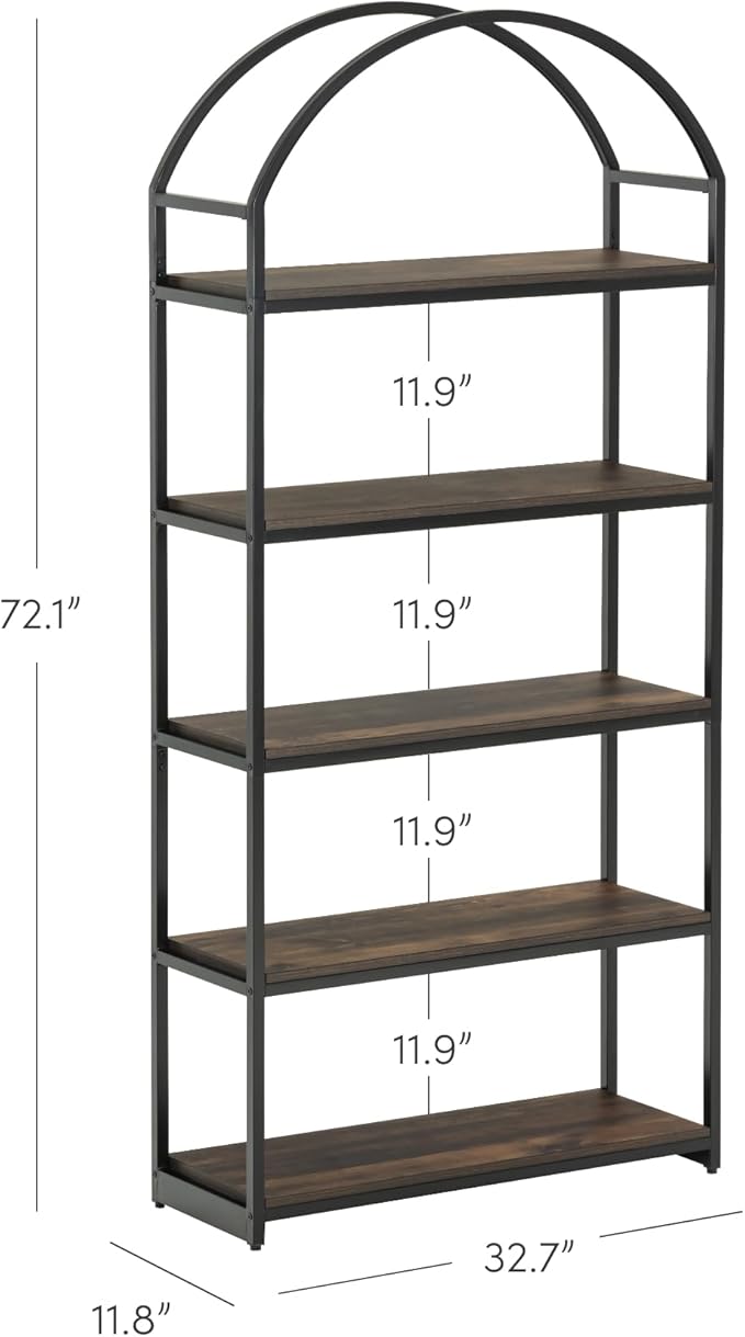 Nathan James Haven Etagere Bookshelf, 5-Shelf Bookcase in Nutmeg Wood and Black Metal Frame with Arch Top and Open Shelves, Nutmeg/Black, Set of 4