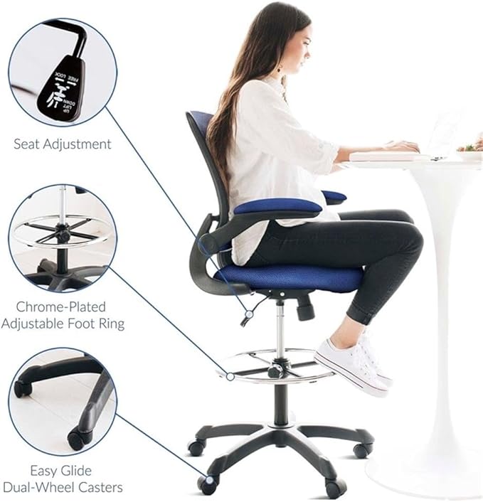 Scranton & Co Mesh Drafting Stool, Blue Finish, Adjustable Height with Flip-Up Arms, Foot Ring, Tall Pneumatic Gas Cylinder, Breathable Mesh Back, Foam Seat, Ergonomic Chair for Work or Home Use