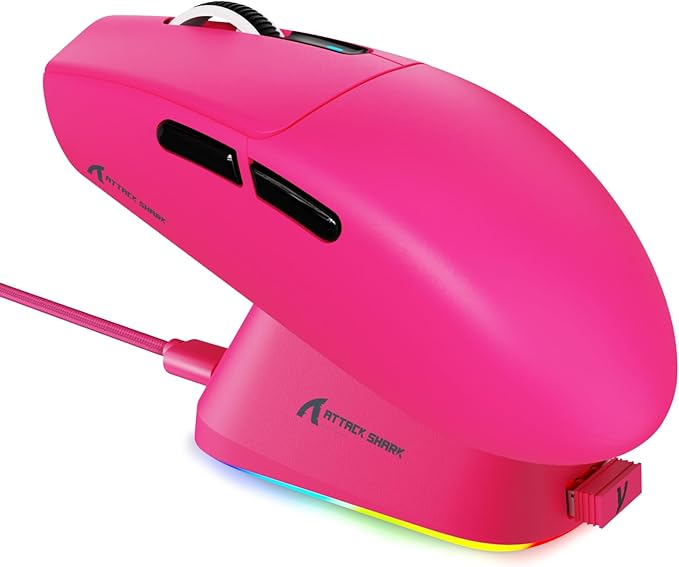 ATTACK SHARK G3PRO Wireless Gaming Mouse with RGB Charging Dock,2.4G/USB-C Wired/BT PAW3311 Optical Sensor 1K Polling Rate Adjustable 25K DPI,500mAh Battery Ultra Lightweight 59g Mice(Red)