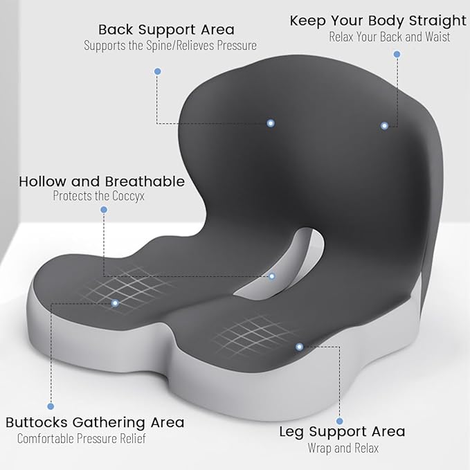Ergonomic Memory Foam Seat and Back Cushion Set with L Shaped Lumbar Support Non Slip Breathable and Machine Washable for Car Office Chair Wheelchair or Home Use (Gray)