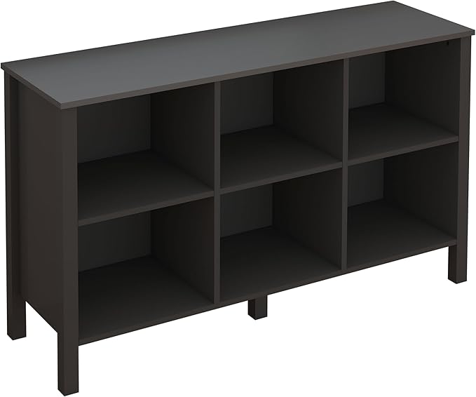 6-Cube Bookcase, Farmhouse Wooden Bookshelf Low Storage Organizer, 45" Horizontal Black Console with Legs, Hallway Book Case for Entryway, Display Cabinet for Living Room (Black, 6-Cube)