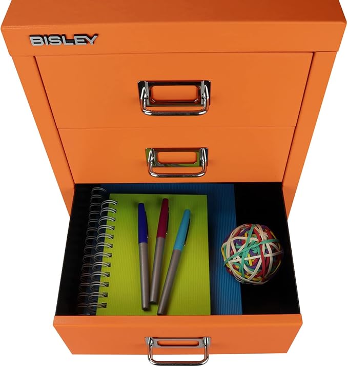 3-Drawer Steel MultiDrawer Cabinet - Bisley Orange, Chrome Pull Handles with Label Holders, Powder-Coated Steel, Removable Drawers, Desktop Storage, Labels Included by Bisley