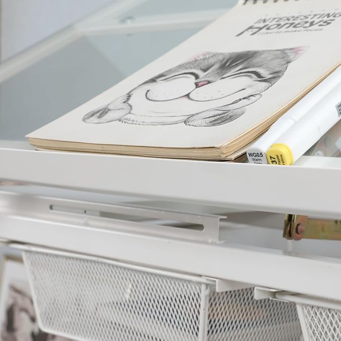 Adjustable Height Drafting Table with Storage Drawers & Stool for Adults, Glass Art Desk with Side Storage Strips, Drawing Table with Tilted Tabletop for Art Office Study (White+Glass B)