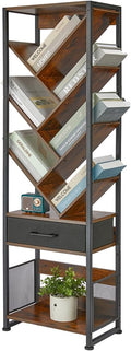 Bookshelf with Drawer,10 Tier Tree Bookcase Retro Floor Standing Bookshelves,Tall Wood Bookcases with Cabinet Storage Organizer for Living Room, Bedroom & Home Office, Classic