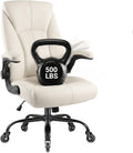 Big and Tall Office Chair for Heavy People, 500LBS High Back Extra Wide Executive PU Leather Office Chair with Flip-Up Armrests, Quiet Rubber Wheels, Comfortable Home Office Desk Chair (White)