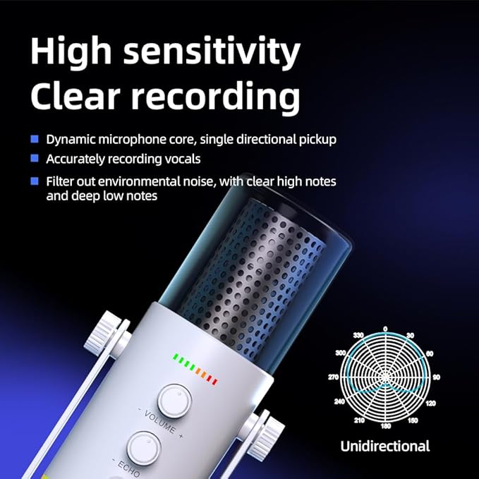 USB/XLR Desktop Dynamic Microphone with RGB Lighting, Noise Reduction, Mute Button & Headphone Jack - Podcast, Gaming, Streaming Mic for PC & Computer (White)