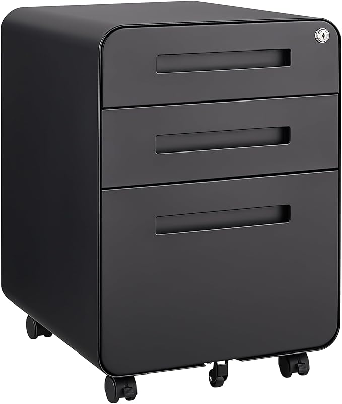 Garvee 3 Drawer File Cabinet with Lock, Under Desk Mobile Metal Filing Cabinet for Home Office, 5 Wheel Anti-Tilt Rolling File Cabinets for A4/Letter/Legal Size, Fully Assembled