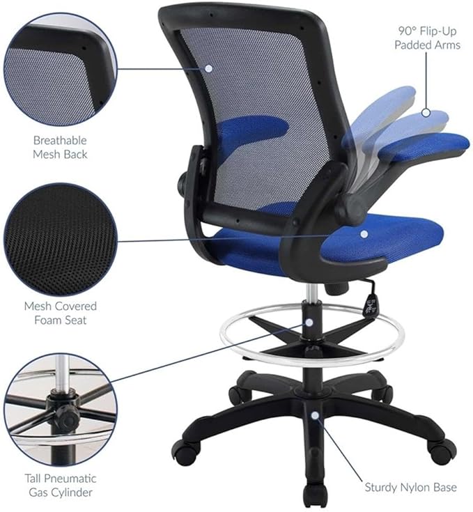 Scranton & Co Mesh Drafting Stool, Blue Finish, Adjustable Height with Flip-Up Arms, Foot Ring, Tall Pneumatic Gas Cylinder, Breathable Mesh Back, Foam Seat, Ergonomic Chair for Work or Home Use
