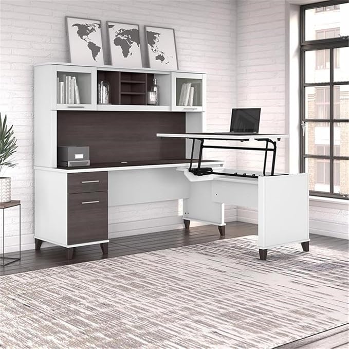 Pemberly Row Engineered Wood 72W Sit to Stand L Desk with Hutch, White/Gray Finish, Lift-n-Lock Ergonomic Design, Frosted Glass Doors, File Storage, Home Office Desk