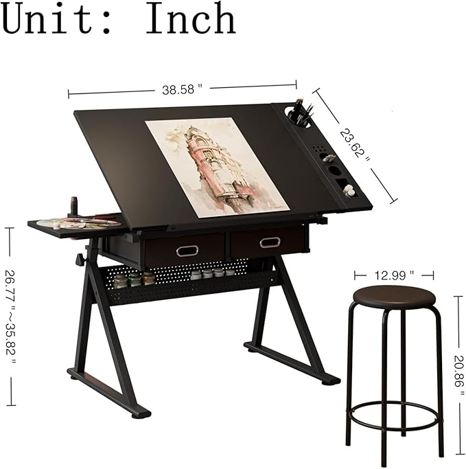 Drafting Table with Stool, Height Adjustable Drawing Table Art Table Painting Table Art Craft Desk with 0-75° Tilting Tabletop and Storage Drawers, Black