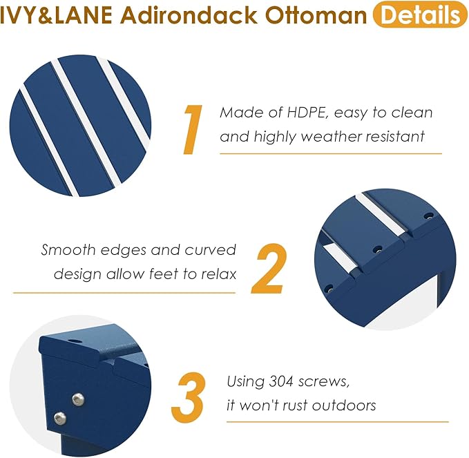 IVY&LANE Outdoor Adirondack Ottoman | Folding | Set of 2 | HDPE | Blue | All Weather | Waterproof Patio Footrest for Adirondack Chair | Poly Lumber Foot Rest for Deck Backyard