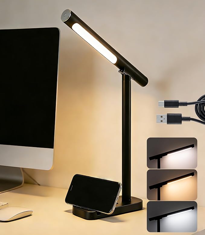 Vitoki LED Desk Lamp for Home Office with Magnetic Detachable, Eye-Caring Reading Light with Phone Stand 3 Color Mode, 5-Level Dimmable, Rechargeable Table Lamp Night Lights for Bedroom Study Bedside