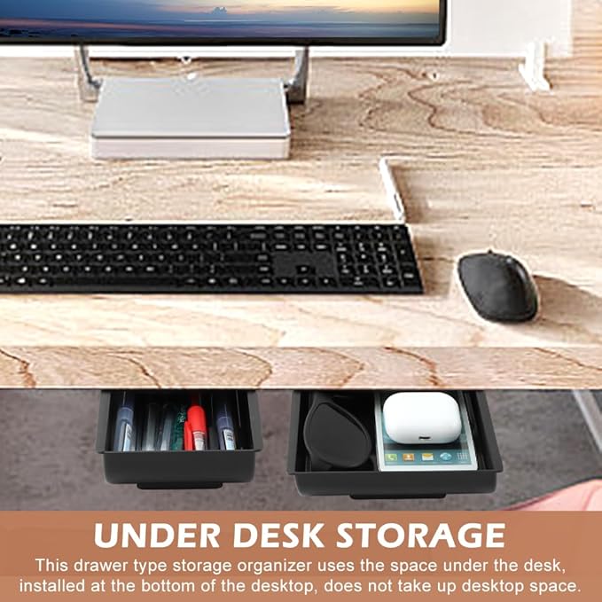 2pcs Under Desk Drawer, Self-Adhesive Slide Out Storage Organizer Attachable Pencil Storage Tray Under Table for Office Home Kitchen Organization(COLOR:Black)