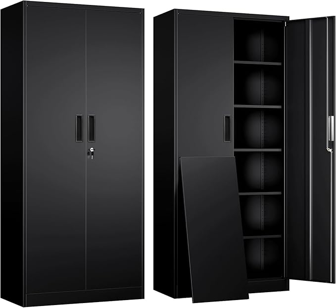 71" H Tall Metal Storage Cabinet with Lock and 5 Adjustable Shelves, Metal Garage Storage Cabinet for Home, Office, Garage, Warehouse Organize, Black