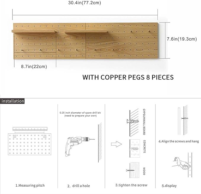 Wooden Pegboard, Sturdy Peg Board for WallsModular Grid Organizer, DlY Storage and Display Panels withShelves and Brass Hooks(Color:Oak)
