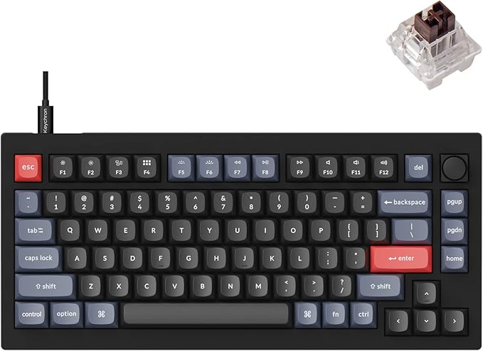 Keychron V1 75% Wired Mechanical Keyboard, QMK/VIA Programmable, Hot-swappable K Pro Brown Switches, Compatible with Mac Windows Linux - Carbon Black