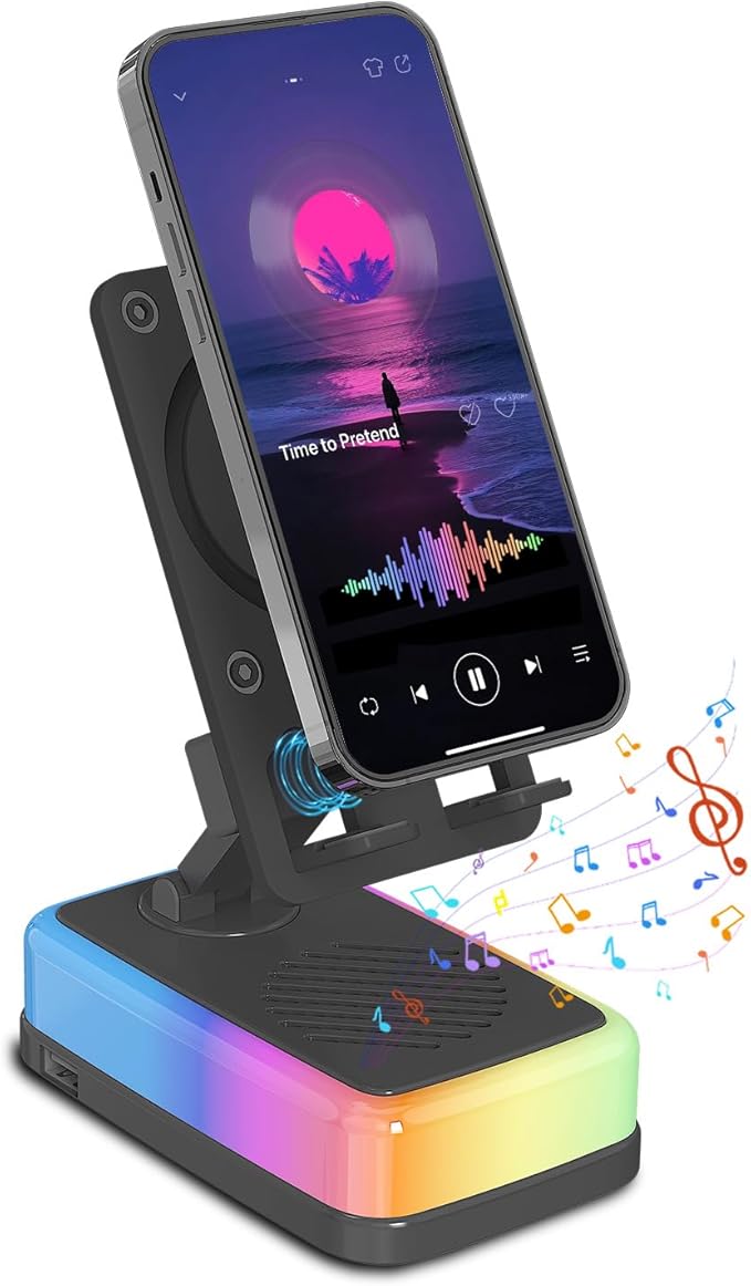 Wireless Induction Speaker with 180° Flexible Phone Stand, Bluetooth 5.3 Speaker for Desk with 3000mAh Emergency Power Bank, 5 in 1 Phone Speaker Amplifier with RGB Light, Gift for Men Women (Black)