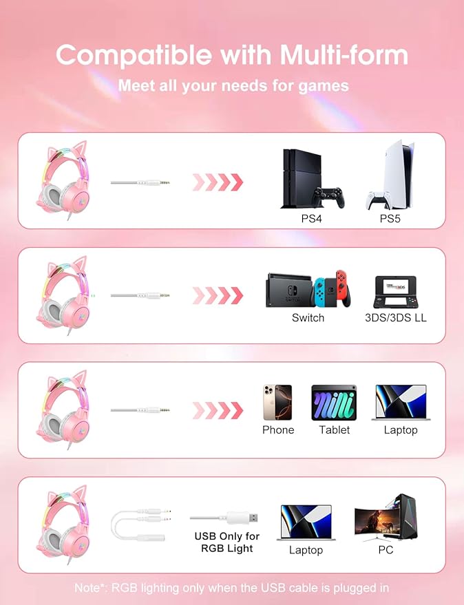 Lightweight Gaming Headset with Detachable Cat Ears, RGB Lighting, Wired Over Ear Headphones with Mic for PC, PS4, PS5, Switch, Stereo Surround Sound, Self-Adjusting Headband