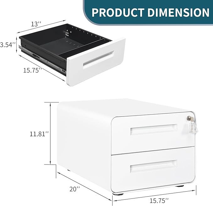 Under Desk Printer Stand with Storage – 2-Drawer Printer Table for Home & Office, Mobile Printer Cart with 2 Sets of Casters and Lockable Drawers, 4 Keys, White