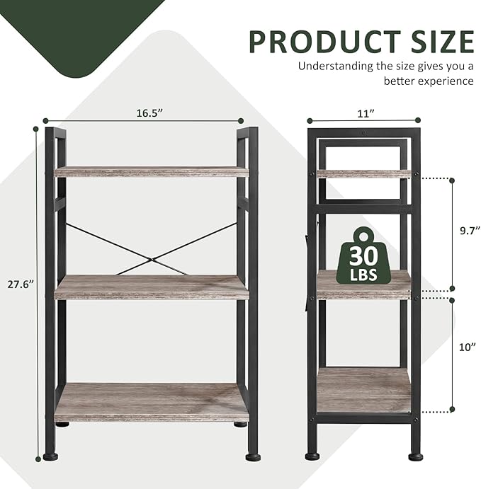 3 Tier Bookshelf, Free Standing Wooden Bookcase with Open Storage Shelves with Metal Frame, Sturdy Shelf Organization Display Rack for Living Room, Bedroom, Home Office, 27.6" Tall, Grey