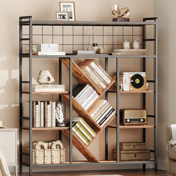 RALGEND Triple 5-Tier Bookshelf, Industrial Large Bookcase with 14 Open Display Shelves, Modern Tree Bookcase with Metal Frame and Hanging Function for Living Room, Home Office, Rustic Brown and Black