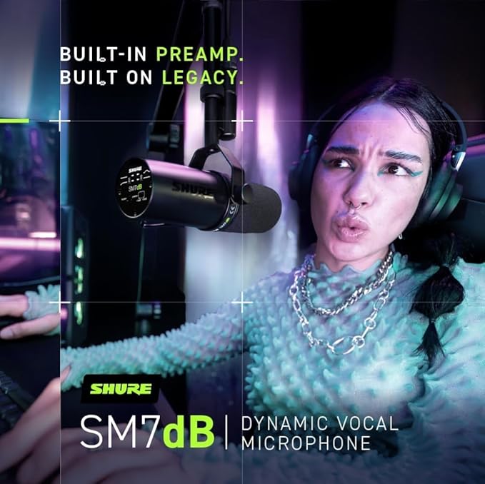 Shure SM7dB Dynamic Vocal Microphone w/Built-in Preamp for Streaming, Podcast, & Recording with Detachable Windscreen and 20ft XLR Cable