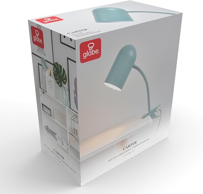 Globe Electric 52302 Carter 15" Clip-Arm Desk Lamp, Matte Teal, Adjustable Gooseneck Arm, in-Line On Off Switch