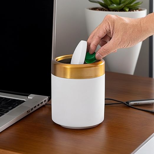 Mini Trash Container - Compact Garbage Bin, Tiny Rubbish Holder | Small Litter Basket, Sleek Circular Swing Cover Top, Durable 304 Steel Waste Compartment Decorative Piece Bathroom, Dorm, Car, Work De