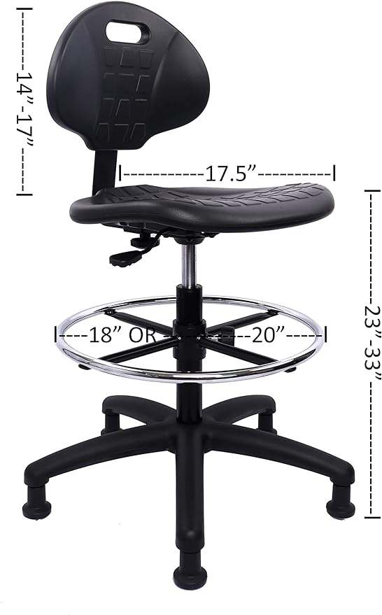 Chair Master Heavy Duty Durable Drafting Stool - Easy to Clean! Ergonomic Polyurethane Chair. Seat Height Adjustable w/Footring for Home, Automotive, Lab, Cleanroom (Non-Rolling Glides, Tall Stool).