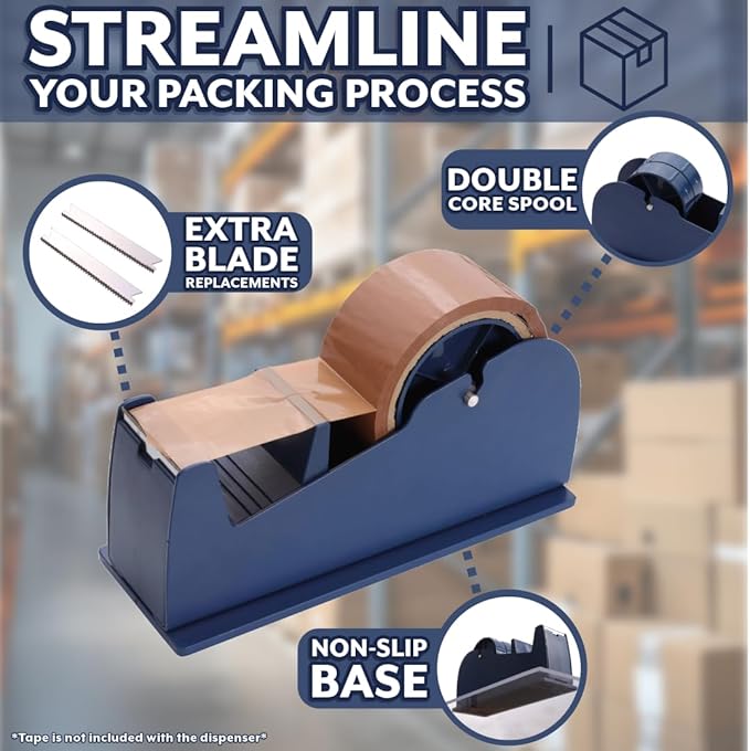 JDS 1 Pack Desktop Industrial Metal Tape Dispenser (2 Replacement Blades) - Pull and Tear Heavy-Duty Weighted Non-Skid Adhesive Roll Holder for Office, Home, School, Gift-Wrapping, and Craft Use