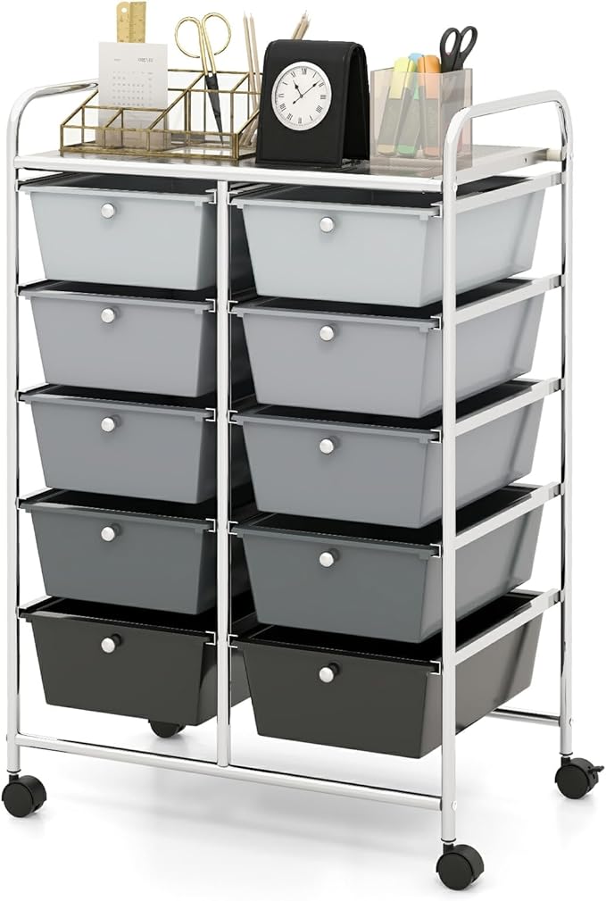 Moccha Rolling Storage Cart with 10 Drawers - Under Desk Cabinet on Wheels for Craft Art Supply Paper Salon, Scrapbook Paper Tools, Multipurpose Mobile Utility Cart for Classroom, Gradient Grey