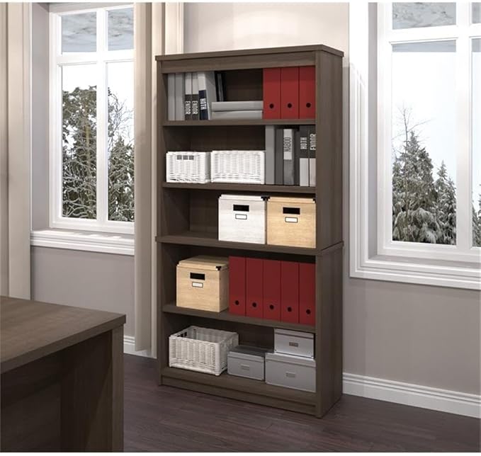 Pemberly Row 66" U-Shaped Desk with Hutch, Bookcase, and File Cabinet, Antigua Finish, Laminated Particle Board, Reversible Office Set for Large Workspace and Storage Solutions