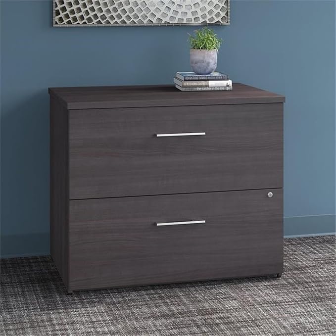Pemberly Row Set of 2 L-Shaped Desk & Lateral File Cabinet in Storm Gray