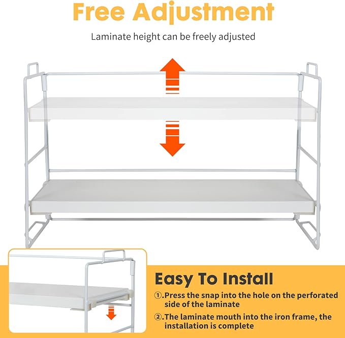 PowerKing Desk Shelf Organizer, 3-Tier Desktop Shelves with Wood Board, Adjustable Bookshelf Storage Rack for Home Office School Study Room (White Frame + White Wood)