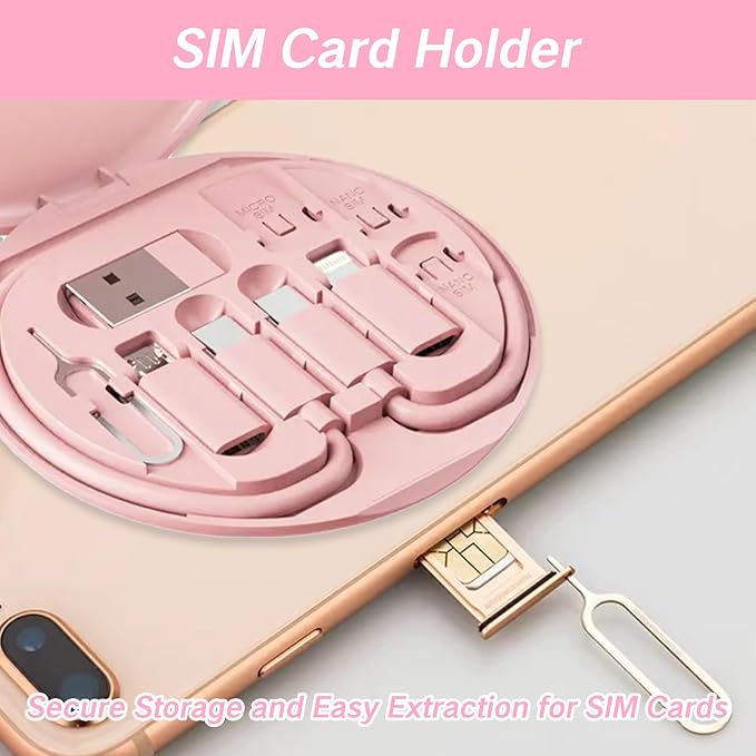 9 in 1 Cable Case USB Adapter Cable Conversion Storage Box USB Type C to Micro USB/Lightning/USB A Cable Data Transfer Tool Contains Sim Card Slot Tray Eject Pin Use as Phone Holder (Pink)