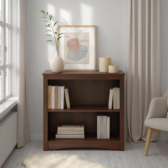 Prepac Sonoma 2-Tier Bookcase 29"H with 1 Adjustable Shelf, Espresso Storage Cabinet, Modern Display Cabinet, Bookshelf with Storage Shelves for Home Office, Living Room, Bedroom Organizer
