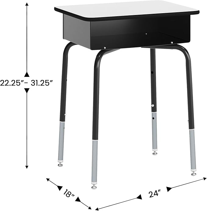 EMMA + OLIVER Jacobs Desk/Stackable Ergonomic Chair Set, Flex Comfort Seat Back, Adjusting Desk Legs, Metal Open Front Storage Box, Gray Desktop/Black Chair
