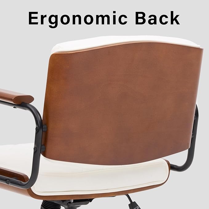 Home Office Desk Chair with Rubber Wheels, Adjustable Height Office Chair with Arms, Leather Mid Back 360° Small Computer Chair, Modern Walnut Chair for Office, Reading Meeting Room (White)