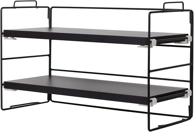 PowerKing Desk Shelf Organizer, 2-Tier Desktop Shelves with Wood Board, Adjustable Bookshelf Storage Rack for Home Office School Study Room (Black Frame + Brown Wood)