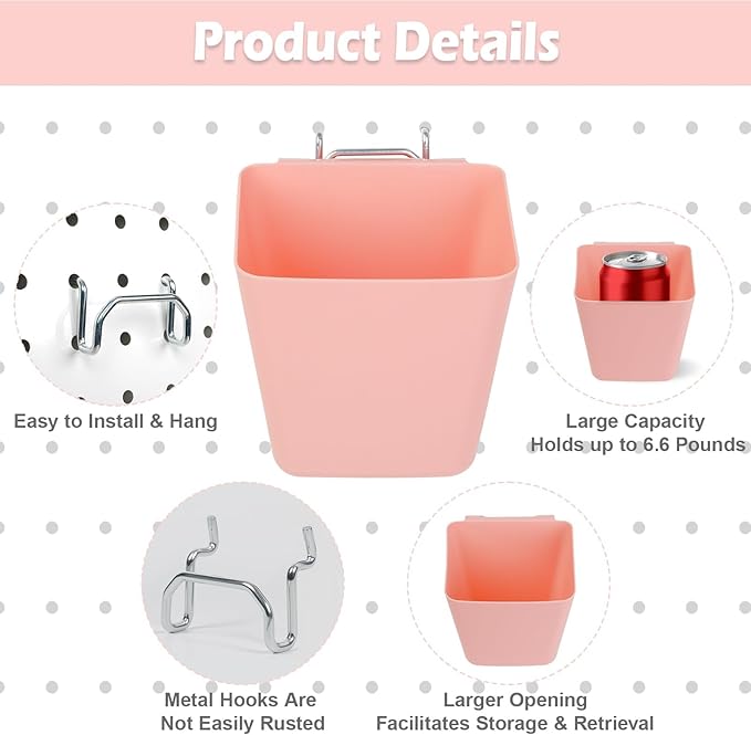 8 Pack Large Pegboard Bins with Hooks, Square Box Shape Peg Board Cups and Peg Board Accessories for Craft Room, Playroom, Office, Garage, and Wall Mount Organization (Pink)