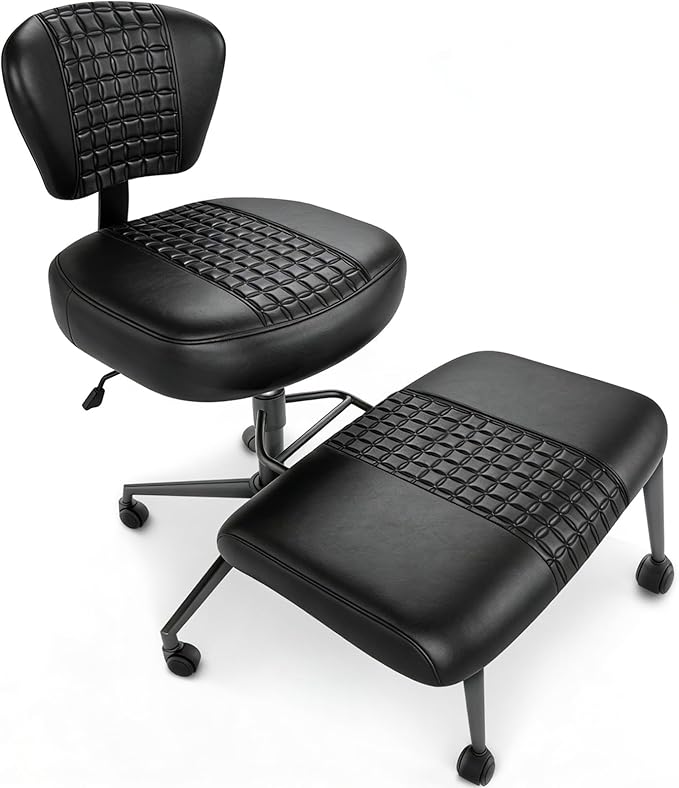 Ergonomic Cross Legged Office Chair with Footrest, 360° Swivel Height Adjustable PU Criss Cross Chair, Wide Seat & Back Support for Home Office, ADHD, Black