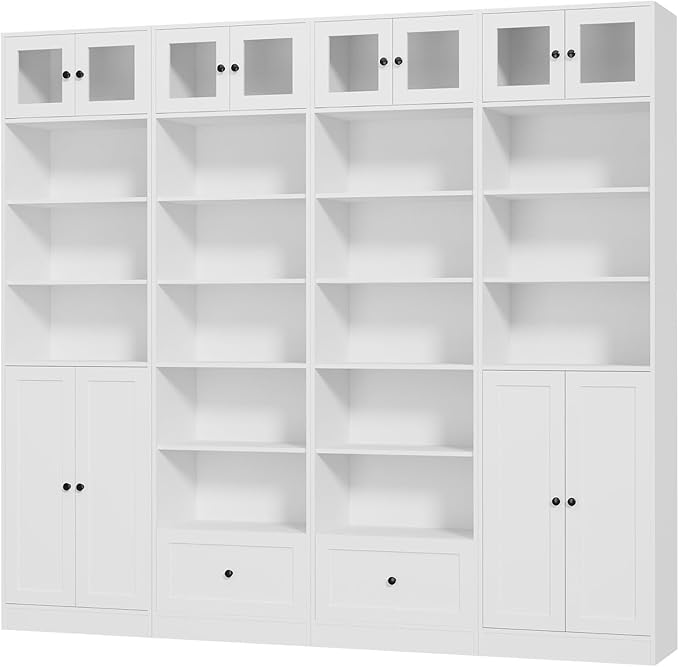 TUSY 85.5 Inch Tall Bookshelf with Doors - 7 Tier Bookcase with Glass Doors and Drawer, 23.6" Wide Storage Cabinet with Open Shelves for Living Room, White Book Shelf for Home Office, Study (ABBA)