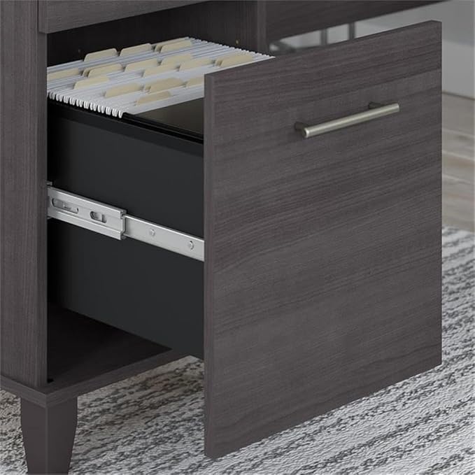 Pemberly Row 60W L Shaped Desk with Hutch and Bookcase, Storm Gray Engineered Wood, Wire Management, Frosted Glass Doors, Adjustable Shelves, Transitional Home or Office Furniture Set