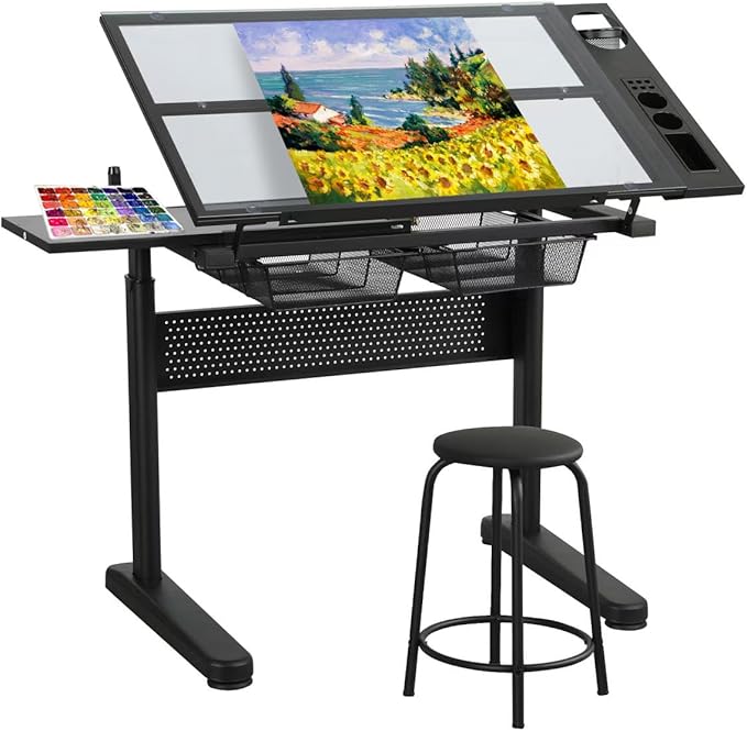 Adjustable Drawing Table for Artists | Drafting Desk with Tilted Glass Top | Art & Craft Table for Adults (Black, Premium Solid Limited Edition-29.52''- 41.33'' H)