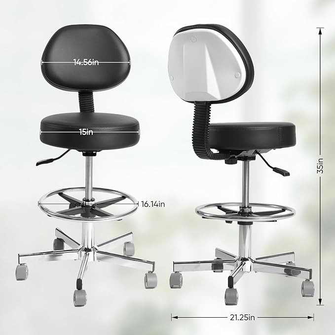 Adjustable Rolling Stool with Wheels & Adjustable Foot Ring, Office Drafting Chairs,Rolling Adjustable Stool,Heavy Duty Rolling Chair for Office Home Work Spa Studio Lab Counter Salon Bar Kitchen Shop