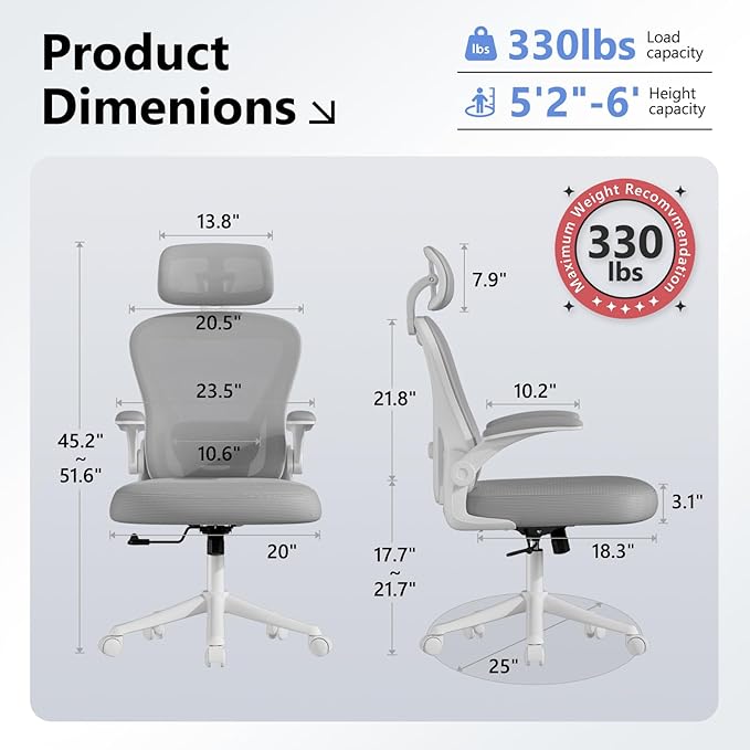 SeekFancy Ergonomic Office Chair M903, Computer Desk Chair with Wheels, High Back Mesh Office Chair with Adjustable Lumbar Support, Headrest, Flip-Up Armrests, White Grey