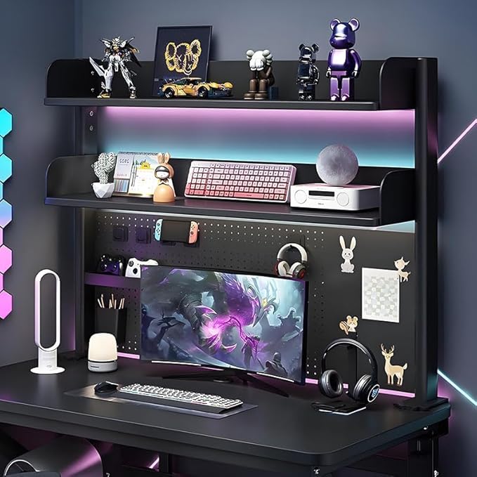 CHSSIH Clamp On Desk Pegboard Shelf - Metal Desktop Organizer Hutch with 2 Shelves for Storage and Display, Desk Add-On Shelf for Office, Dorm, or Computer Monitor Stand, Black, 23.6In