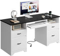Bestier 59” Computer Desk with 4 Drawers, Office Desk with Storage, Modern Executive Desk with Charging Station, Keyboard Tray & Wooden Pedestals on Both Sides for Home Office & Studio, White