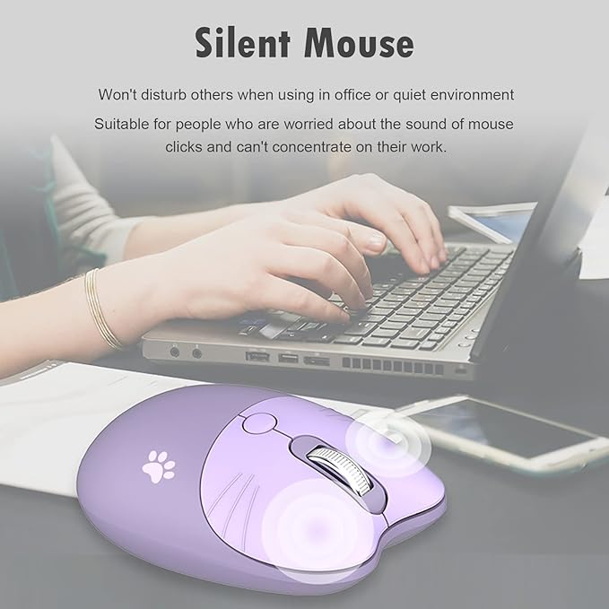 Lomiluskr Cute Cat Wireless Mouse, Lightweight Soundless Mice, 2.4G Wireless Mice, Candy Colors, Kawaii Mouse for Girls and Kids (Purple)