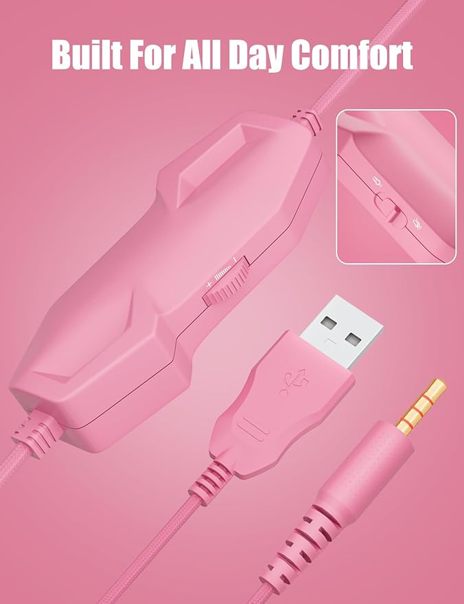 ZIUMIER Gaming Headset with Detachable Cat Ears, Compatible with PS4 PS5 Xbox One PC Laptop, Over-Ear Headphones with LED Light, Noise Canceling Mic, Stereo Surround Sound (Pink Cat)